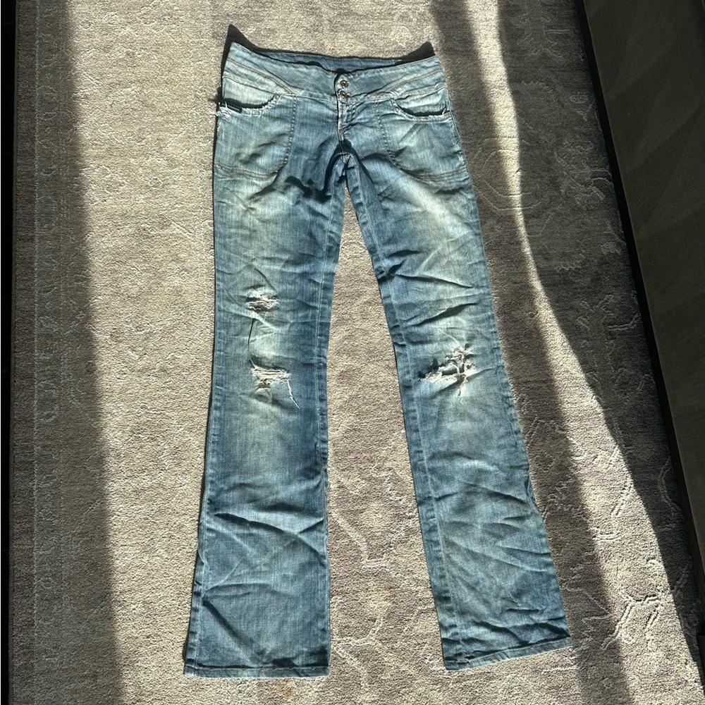 D&G Women's Light Blue Distressed Flare Jeans
